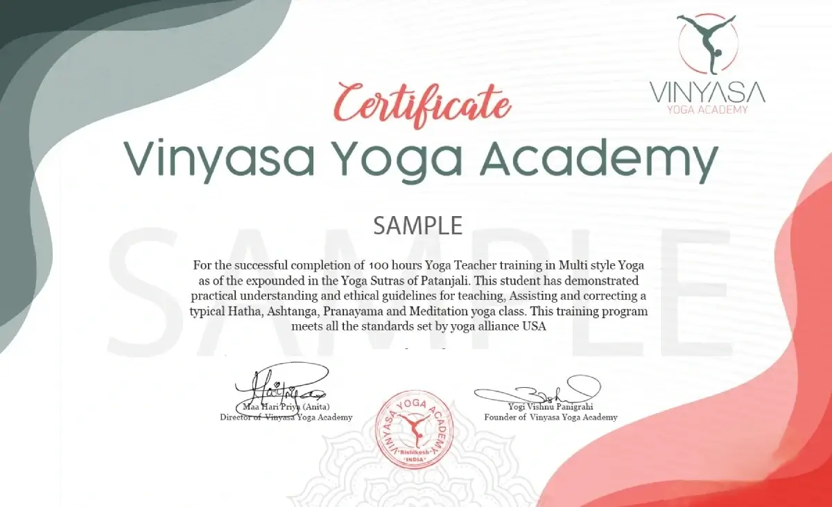 100 Hour Yoga Teacher Training completion certificate issued by Vinyasa Yoga Academy