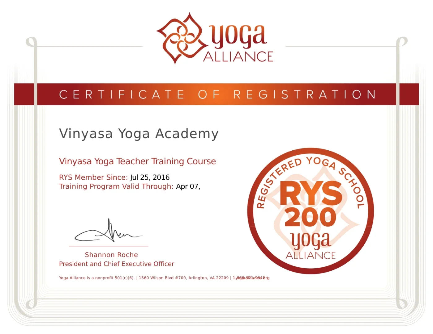 RYT 200 Yoga Alliance Certificate