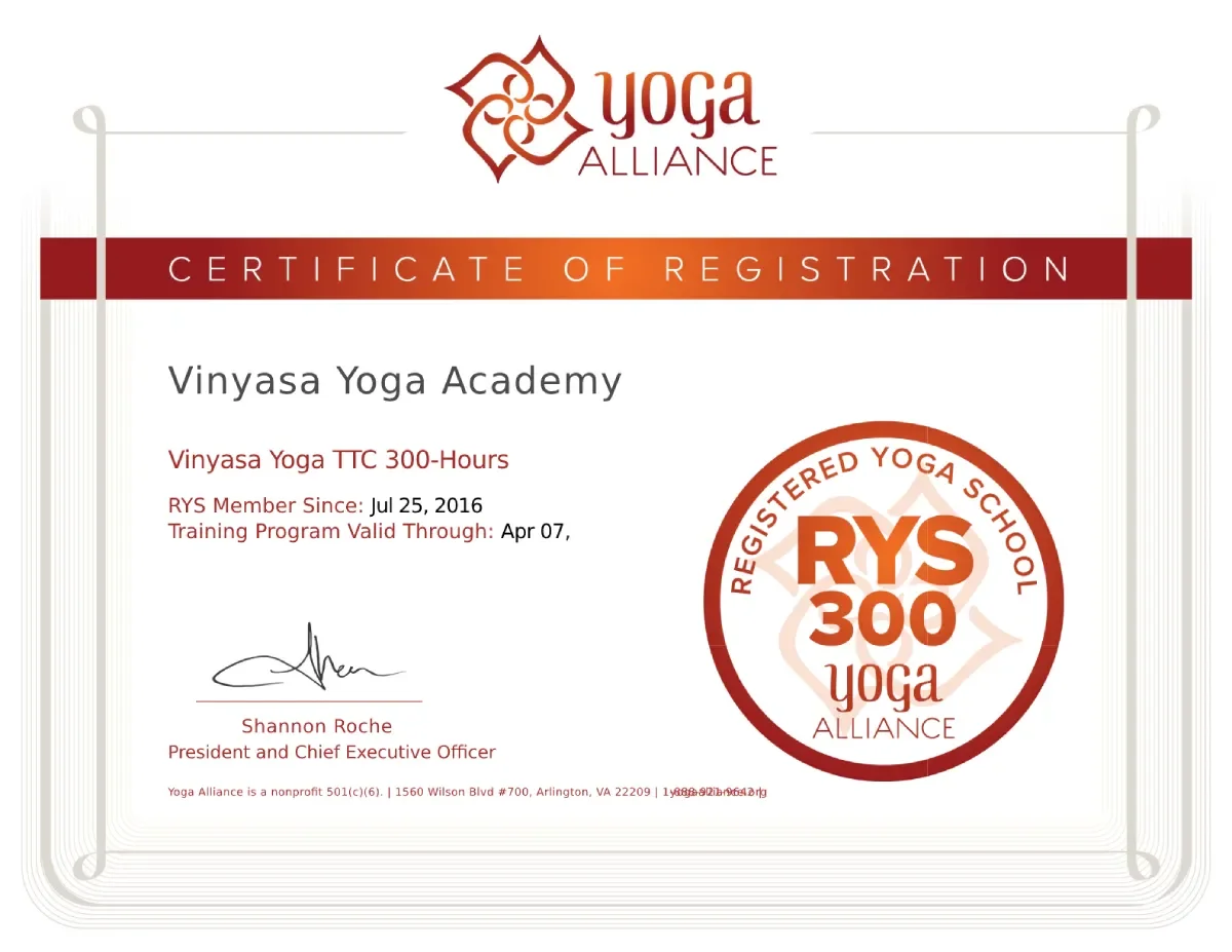 RYT 300 Yoga Alliance Certificate