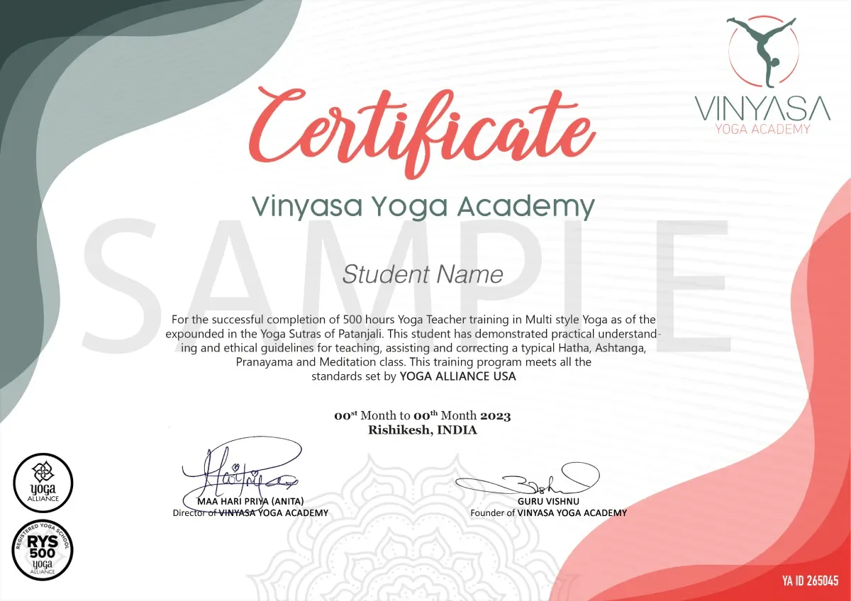 RYT 500 Sample Certificate