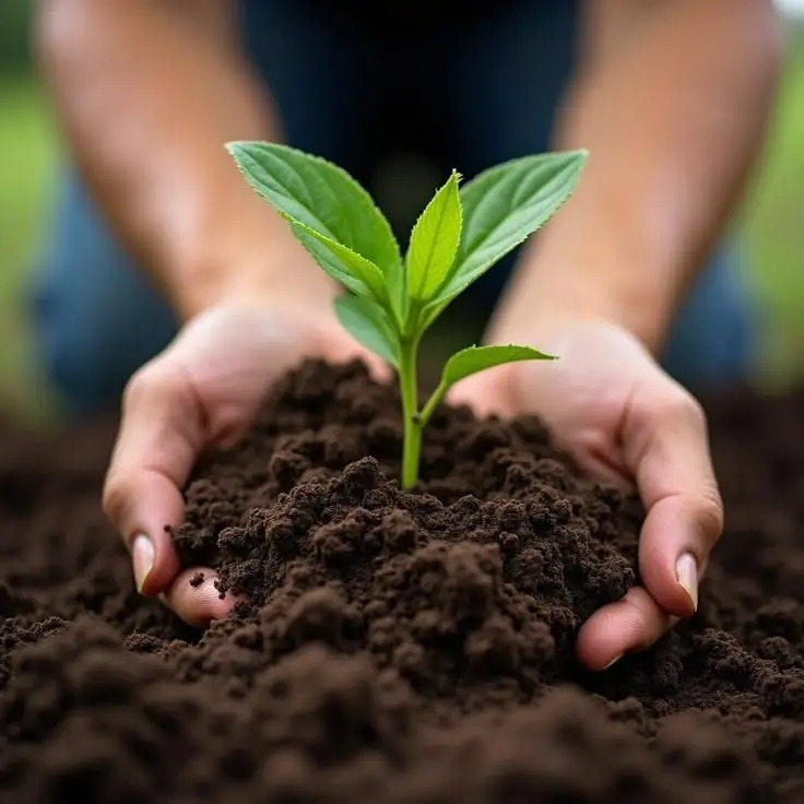 Hands planting a young sapling in rich soil, a tree planted in every new student's name