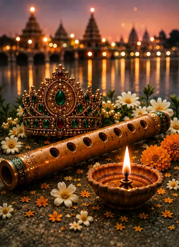 Krishna's crown, bamboo flute and a lit diya beside the Ganga at Rishikesh