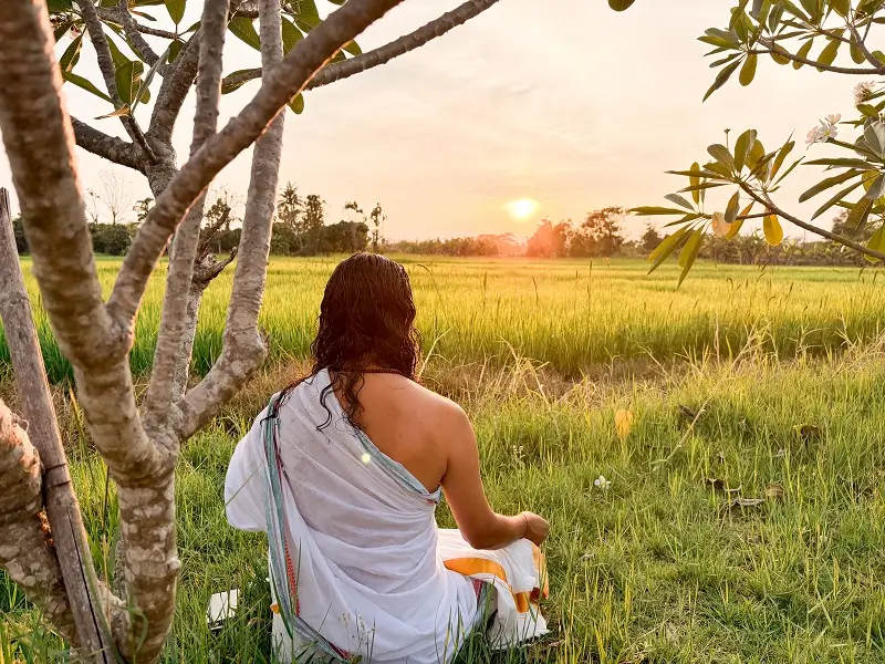 A guest sitting alone in the rice fields at sunset